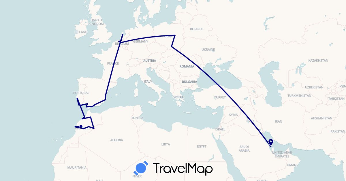 TravelMap itinerary: driving in Belgium, Bahrain, Spain, Morocco, Netherlands, Poland, Portugal (Africa, Asia, Europe)
